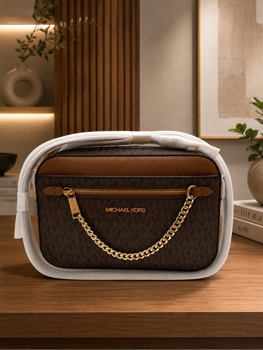 Michael Kors Brown and Tan Logo Crossbody Bag with Gold Chain